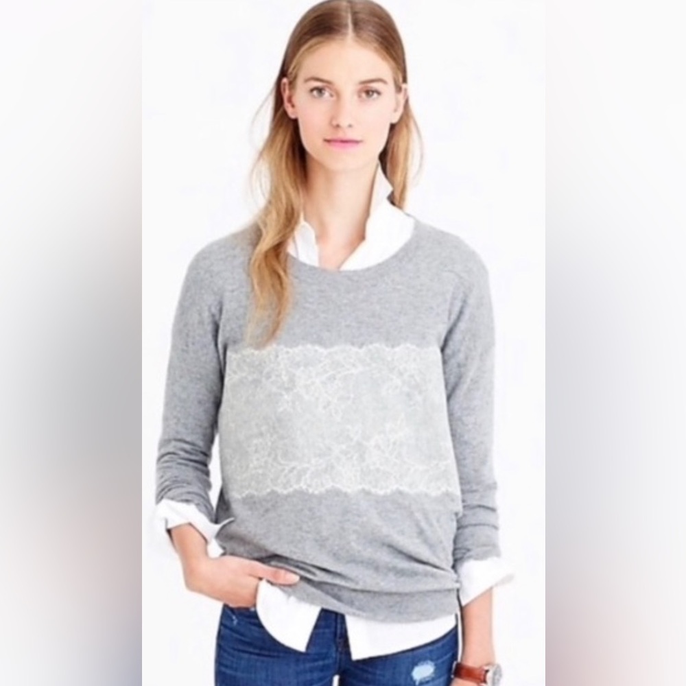 J. Crew Needle-Punch Lace Crew Neck Wool Sweater Gray & Off White Size XS